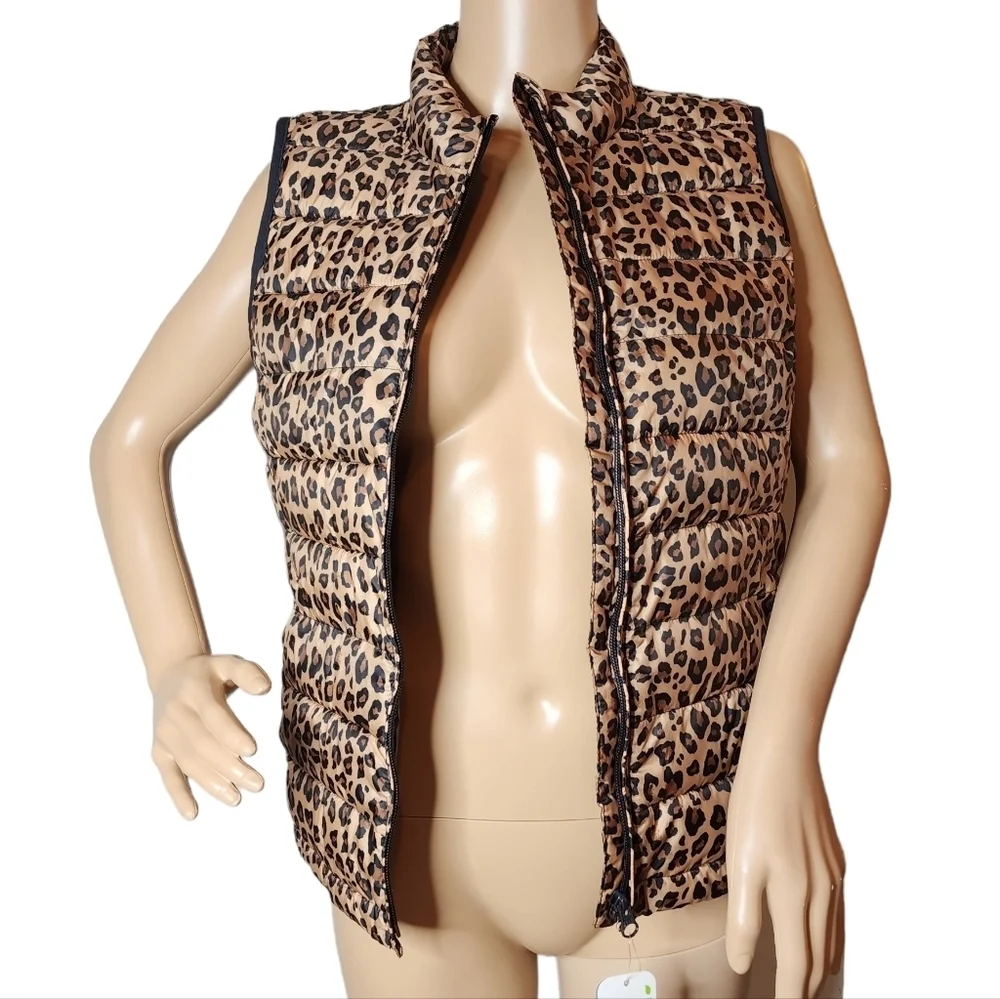 NWT‎ GAP Kids Leopard Puffer Zip Vest Brown Animal Print Size XXL Primaloft